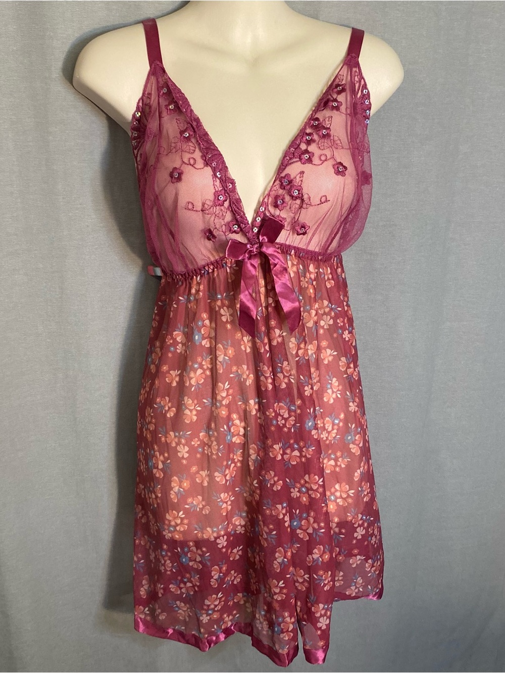 Sheer Floral Lace Babydoll Nightdress - Deep Rose